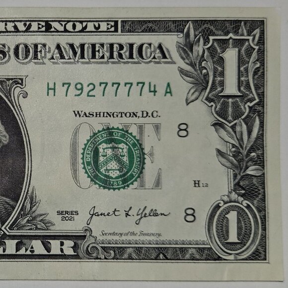 US mint Other - 5 OF-A-KIND+4 IN-A-ROW 2021 $1 Dollar Bill H79277774A Fancy Serial Number (B342)